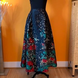 Black/ gold/ red + holiday maxi skirt w/ pockets